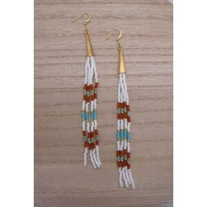 Earring Beaded White, Burnt Orange, Teal and Gold
